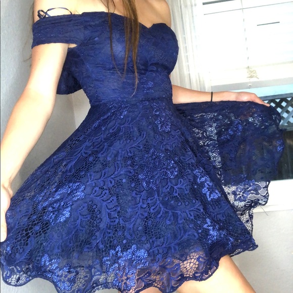 Blue Lace Homecoming Mini Dress - Picture 2 of 3